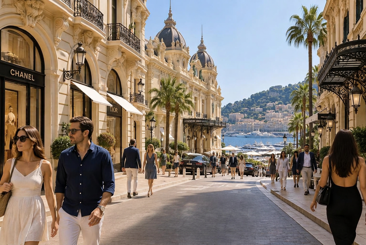 Raw Monaco street scene with pedestrians walking, before AI cleanup