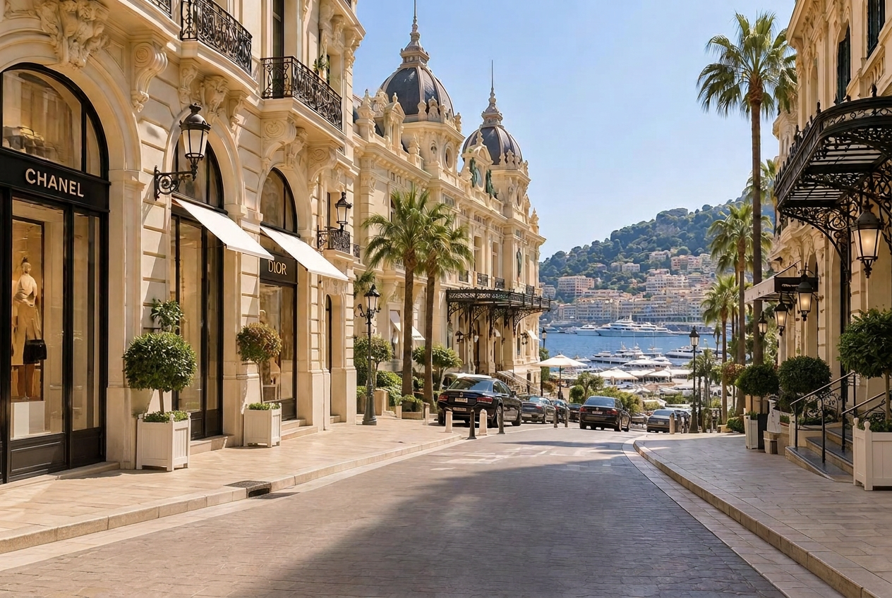 The same Monaco street after AI removed pedestrians and added an RSocials caption and watermark