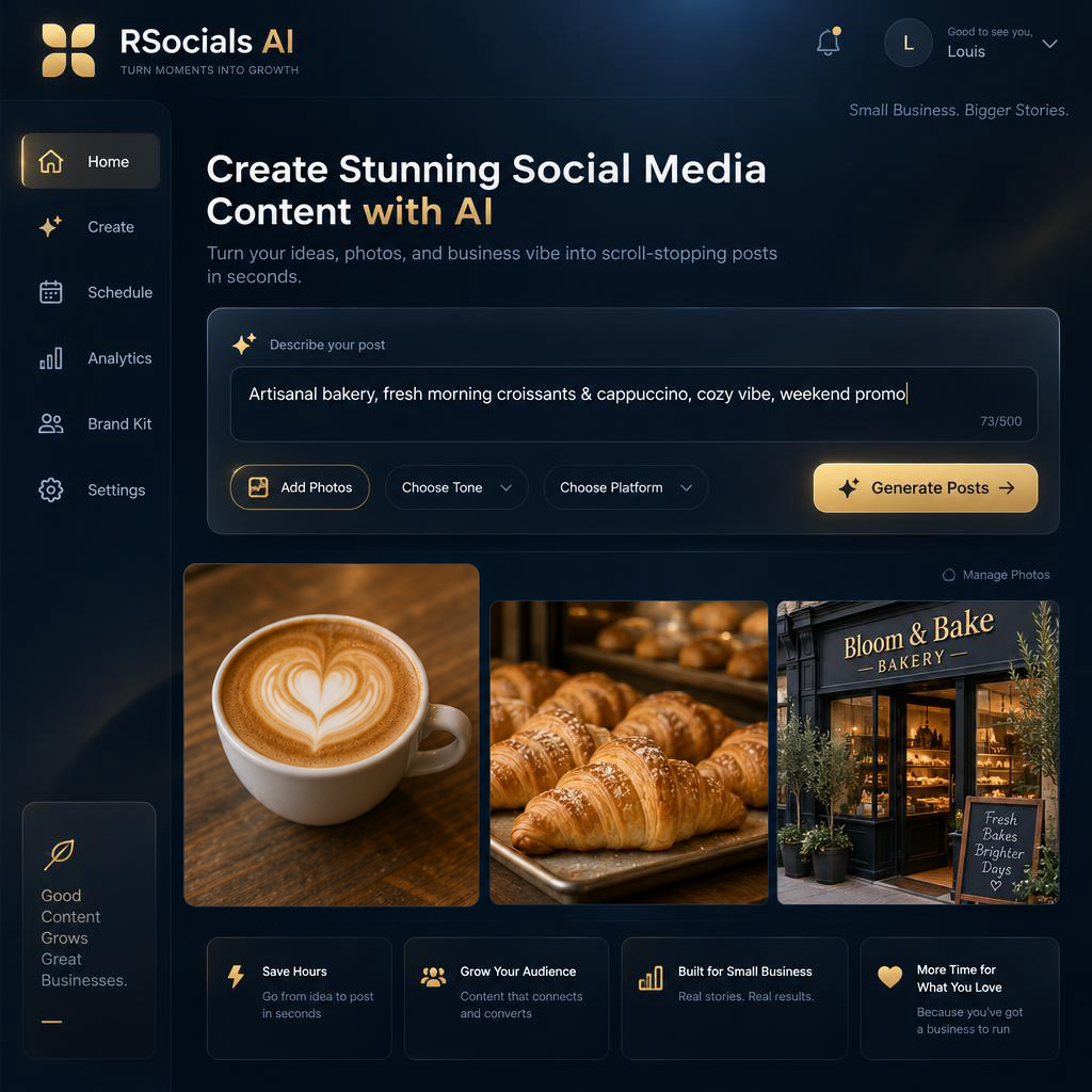 RSocials AI dashboard showing Louis's bakery prompt and uploaded photos