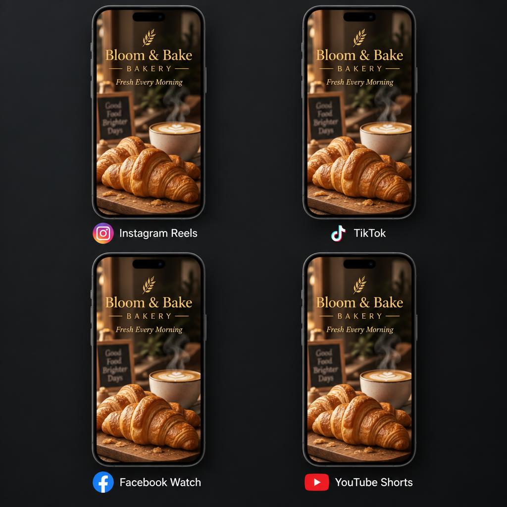 Bloom & Bake Bakery commercial published across Instagram Reels, TikTok, Facebook Watch, and YouTube Shorts